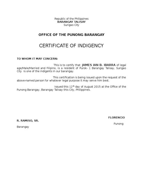 proof of indigency.